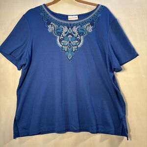 Alfred XL Blue Women’s Top Short Sleeve Embroidered  Bling